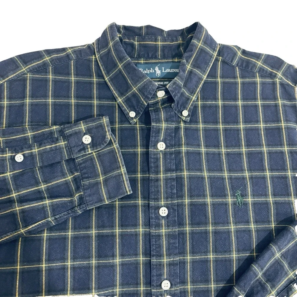Ralph Lauren Button Down Shirt Mens L Navy Blue Plaid Windowpane Long Sleeve